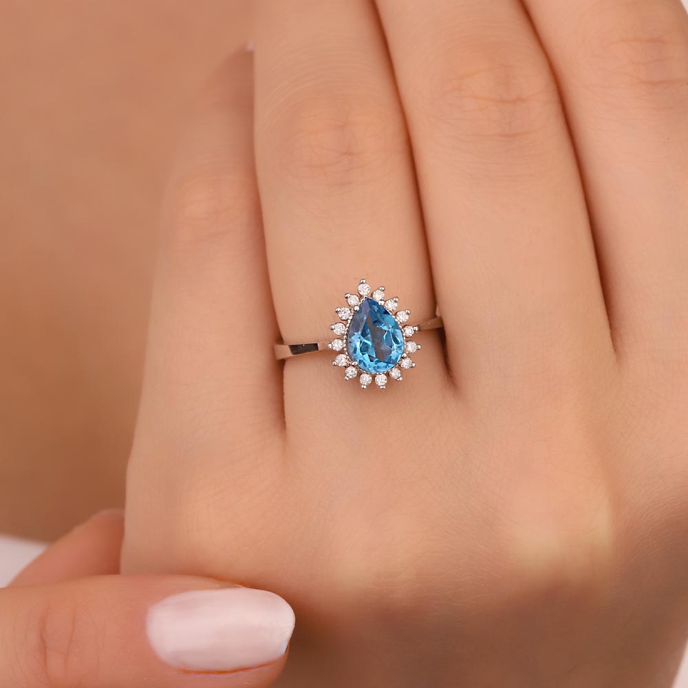 1.12 Karat Lab Pırlanta Damla Blue Topaz Yüzük - FP01057