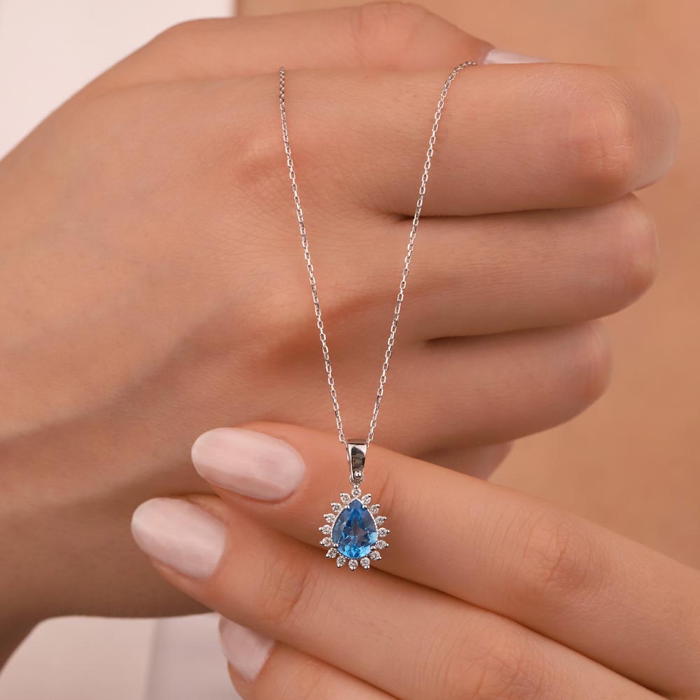 Özel Tasarım Kolyeler 1.40 Karat Lab Pırlanta Damla London Blue Topaz Kolye - FP11681