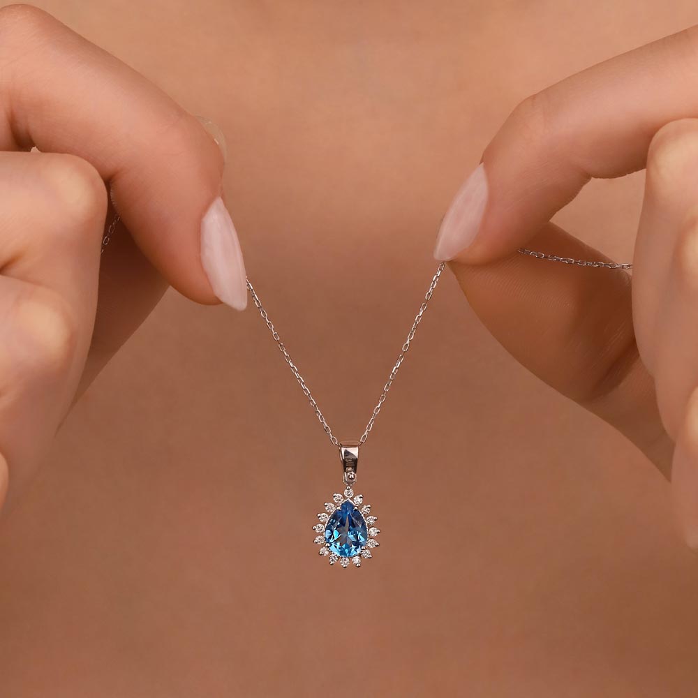 Özel Tasarım Kolyeler 1.40 Karat Lab Pırlanta Damla London Blue Topaz Kolye - FP11681