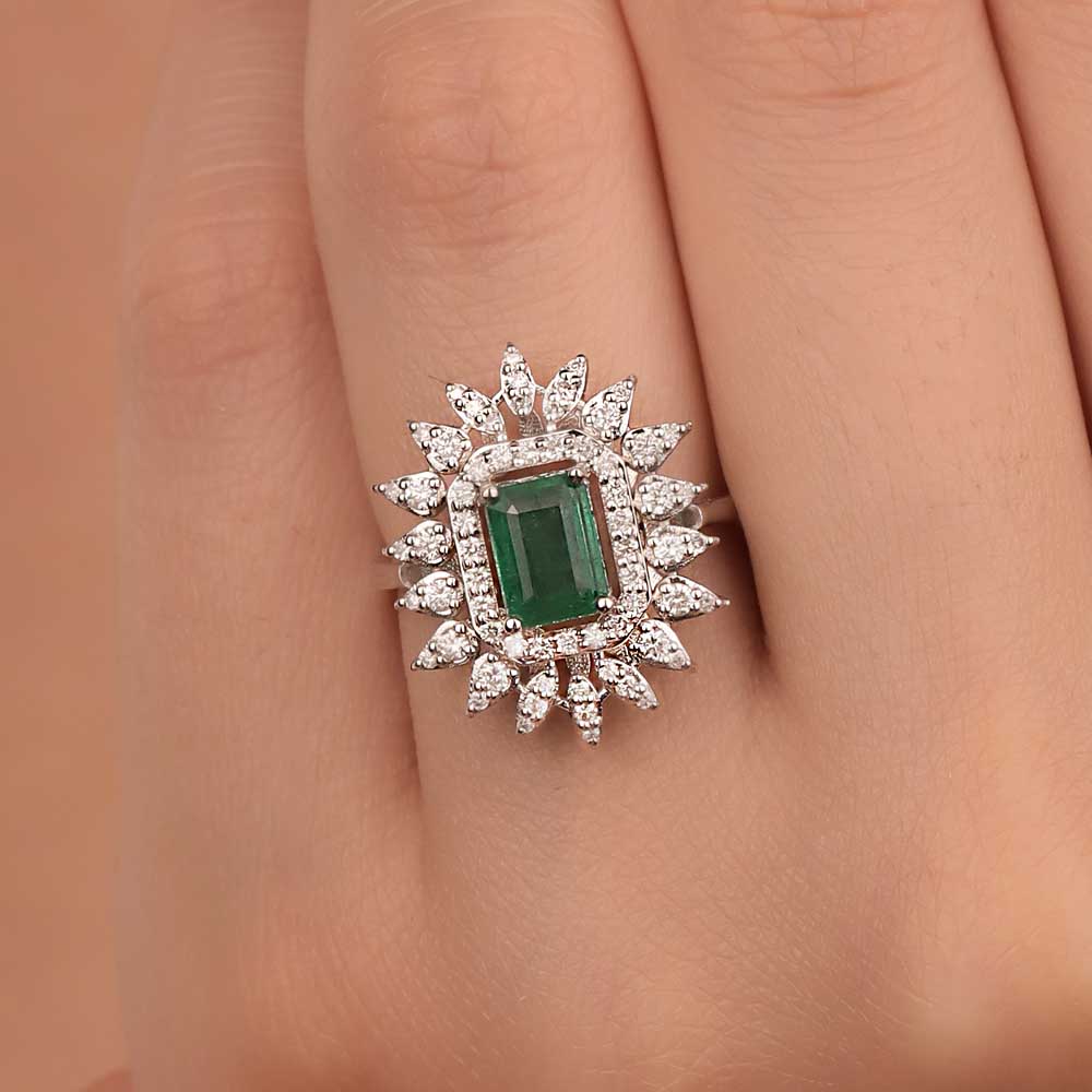 1,55 Karat Lab Pırlanta Oktagon Kesim Jasmine Zümrüt Yüzük - FP05194