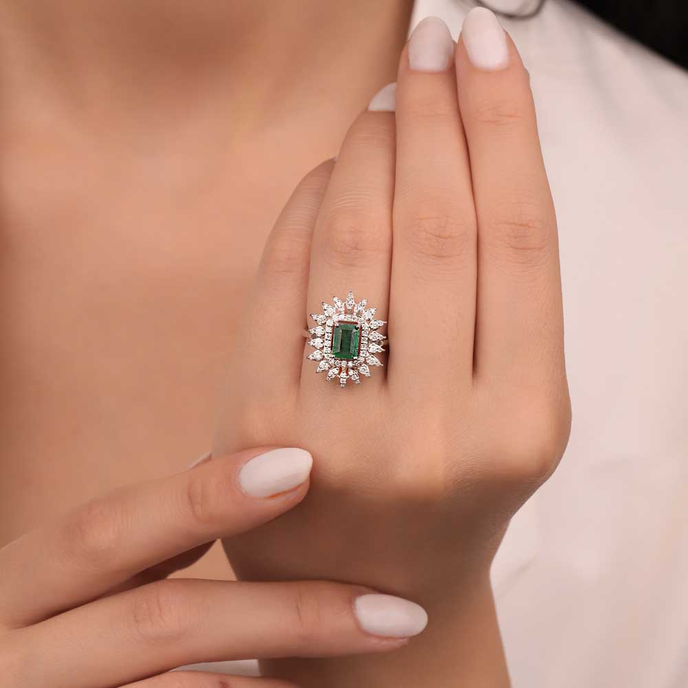 1,55 Karat Lab Pırlanta Oktagon Kesim Jasmine Zümrüt Yüzük - FP05194