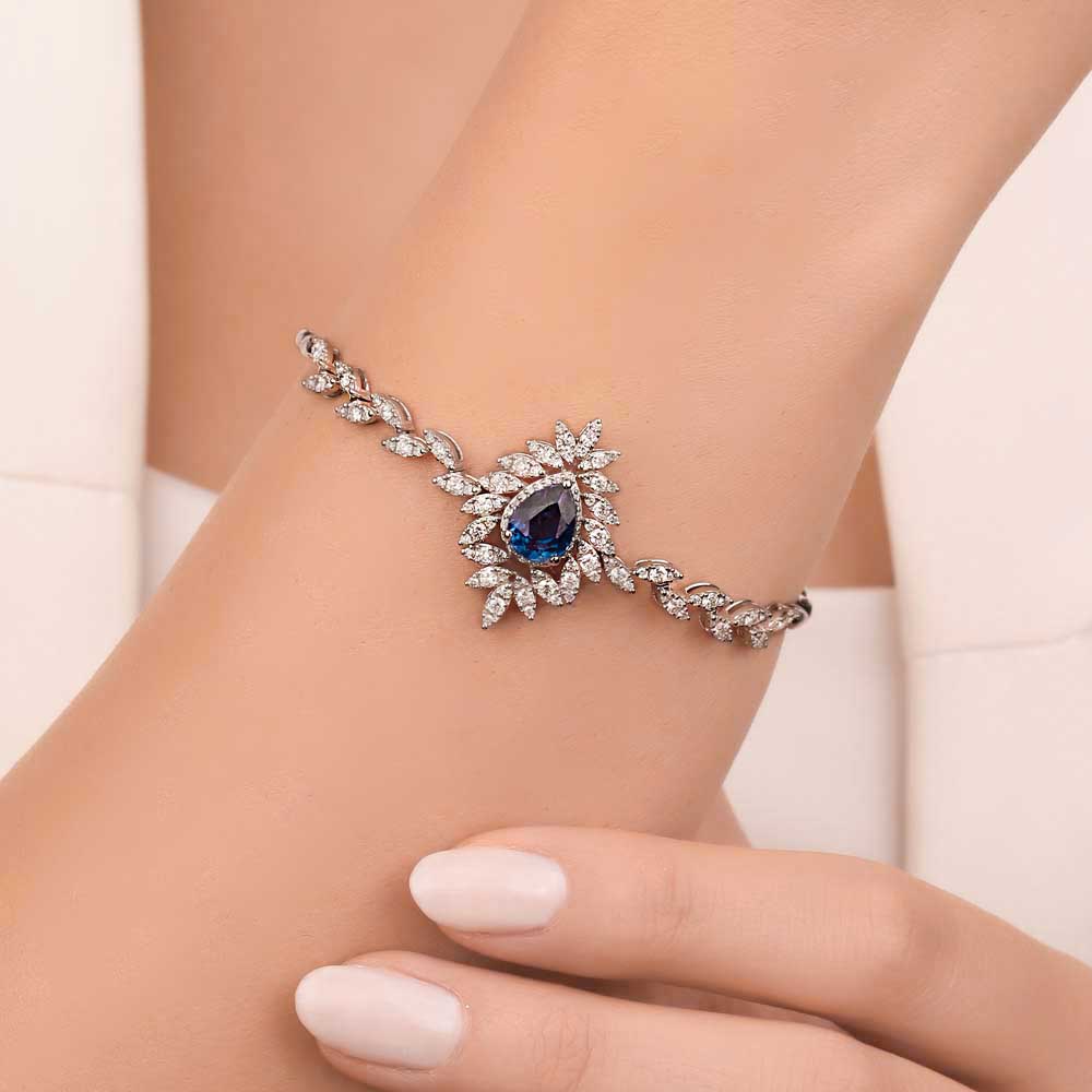 Safir Bileklikler 3,35 Karat Lab Pırlantalı Damla Safir Taşlı Bileklik - FP05403