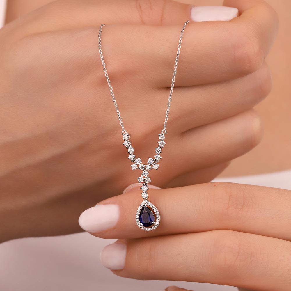 1,20 Karat Laboratuvar Pırlanta Damla Safir Kolye