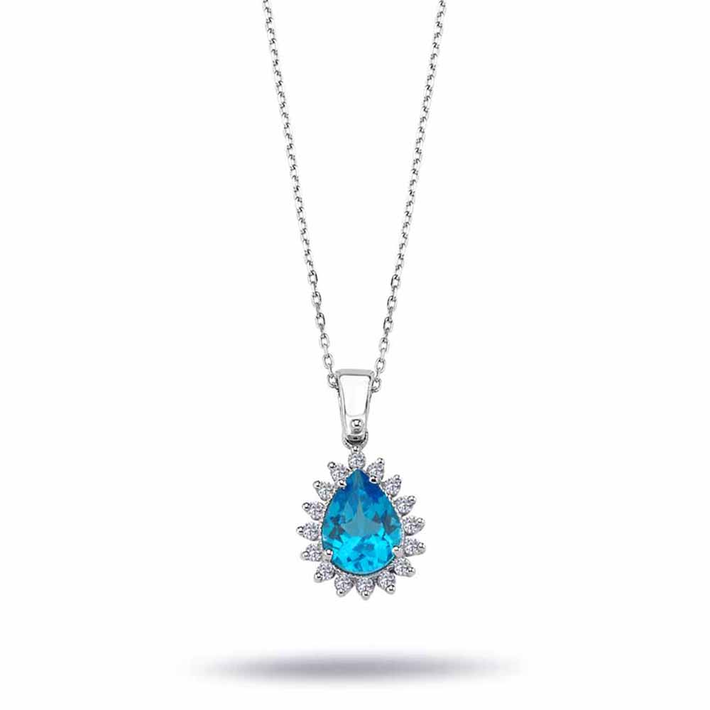 1.40 Karat Laboratuvar Pırlanta Damla London Blue Topaz Kolye